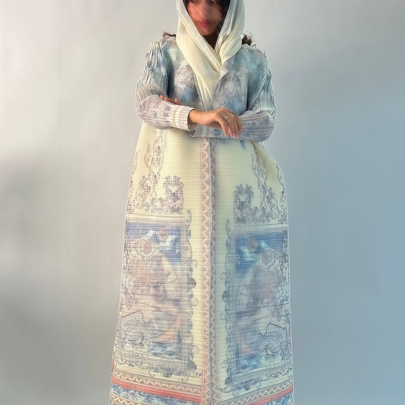 Exclusive Summer New Collection for Eid Al-Fitr 2025, Featuring a Pleated Miyake-Style Coat Cape with Prints, High Elasticity, Ultra-Long Middle Eastern Style Abaya Robe, Suitable for All Seasons. This Versatile Women&