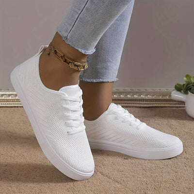 Women's Solid Color Flat Shoes, Breathable Knit Lace Up Outdoor Shoes, Lightweight Low Top Shoes