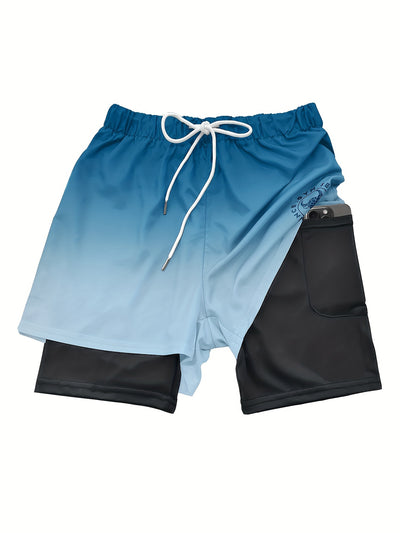 2-in-1 Double Layer Ombre Shorts - High Stretch, Drawstring Waist, Side Pocket, Breathable, Quick-Drying, Comfortable, Mens Sports Shorts for Summer Gym Workout, Training, and Fitness - GYM Pattern Print, Bull Design
