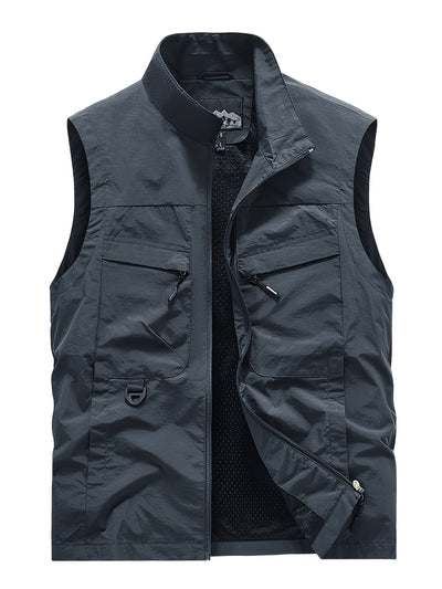 Men'S Navy Blue Sleeveless Vest with Stand Collar, Zippered Front & Side Pockets - Casual, Loose-Fit Outdoor Sports Vest for All Seasons, Polyester Fiber Lining, Perfect for Fall/Winter