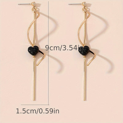 Spiral Lines Black Heart Design Dangle Earrings Elegant Cute Style 18K Gold Plated Jewelry Valentine's Day Gift