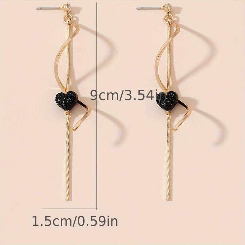 Spiral Lines Black Heart Design Dangle Earrings Elegant Cute Style 18K Gold Plated Jewelry Valentine&