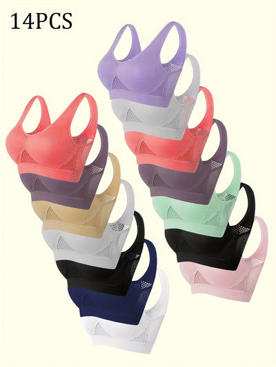 14pcs EssElegance Plus size High Support Wire-Free Sports Bras with Padded & Mesh Panels, Breathable Stretch Fit for Yoga Running Training