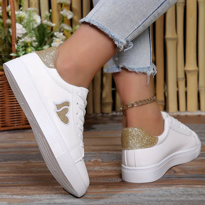 Women's Heart Pattern Sneakers, Casual Lace Up Outdoor Shoes, Comfortable Low Top Shoes