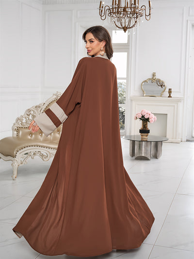 Breathable Light Beige-Friendly Fabric Color-Block Open Front Abaya with Sleeveless Inner Layer - Simple, Elegant, and Versatile Muslim Dress for Women's Daily Wear Parties, Suitable for Birthdays & Gatherings