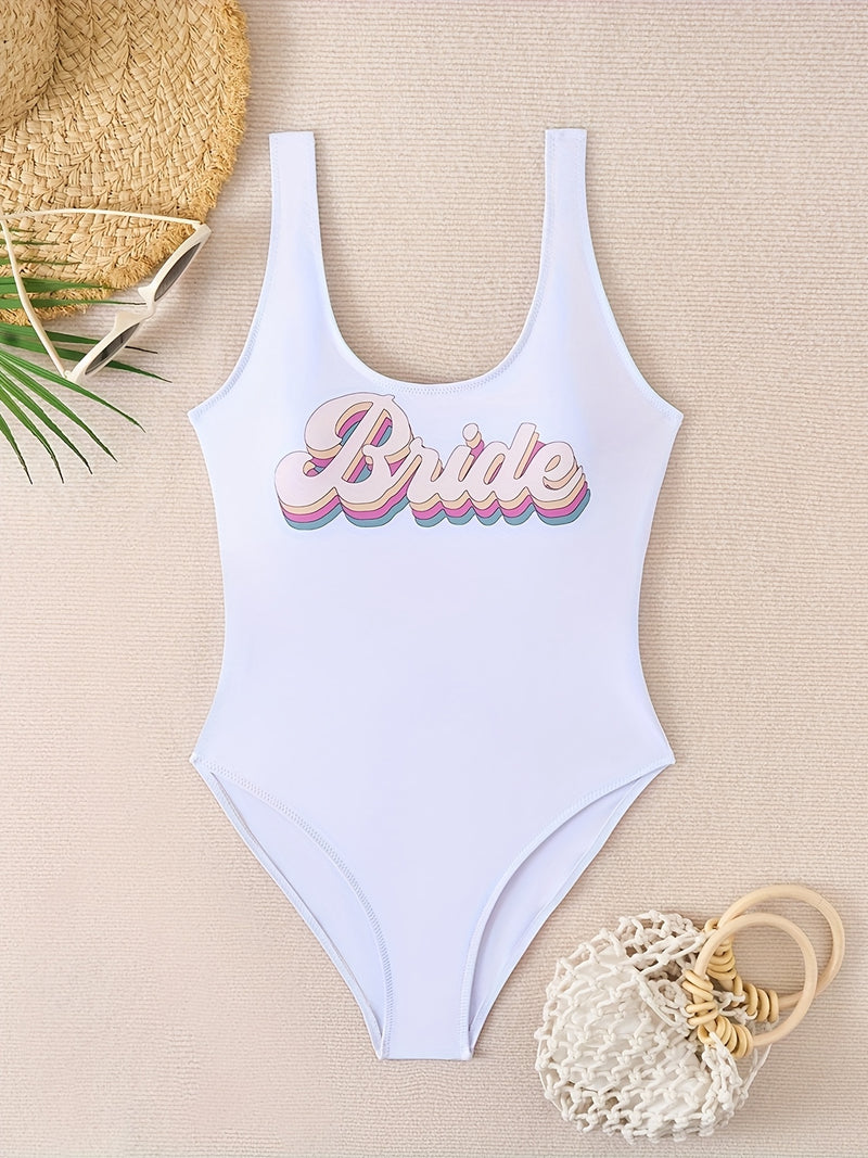 New One-Piece Swimsuit for Western Featuring Digital Print Cartoon Letters, Perfect for Beach Sports.