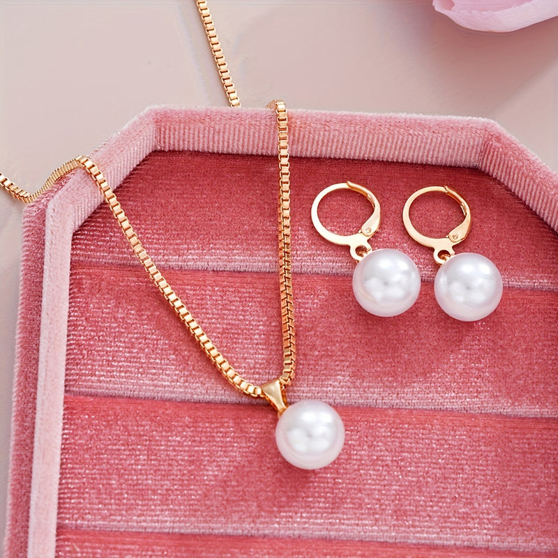 2pcs Imitation Pearl Pendant Earrings + 1pc Imitation Pearl Pendant Necklace, Simple And Holiday Style, Suitable for Girlfriends And Friends to Wear on Dates And Holidays