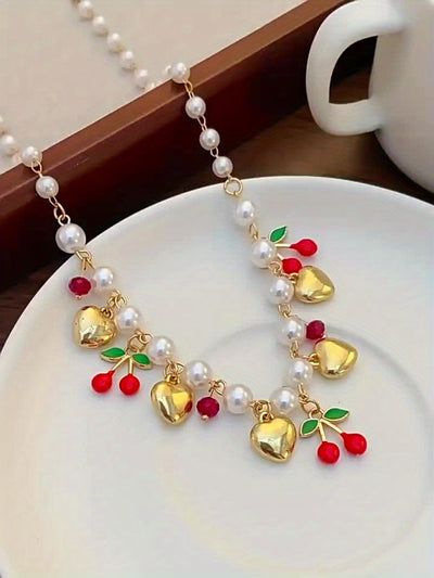 1pc Summer Fresh Sweet Heart-Shaped Faux Imitation Pearl Pendant Necklace, Unique Faux Imitation Pearl Heart Bead Chain, Holiday Gift, Exquisite Present for Friends