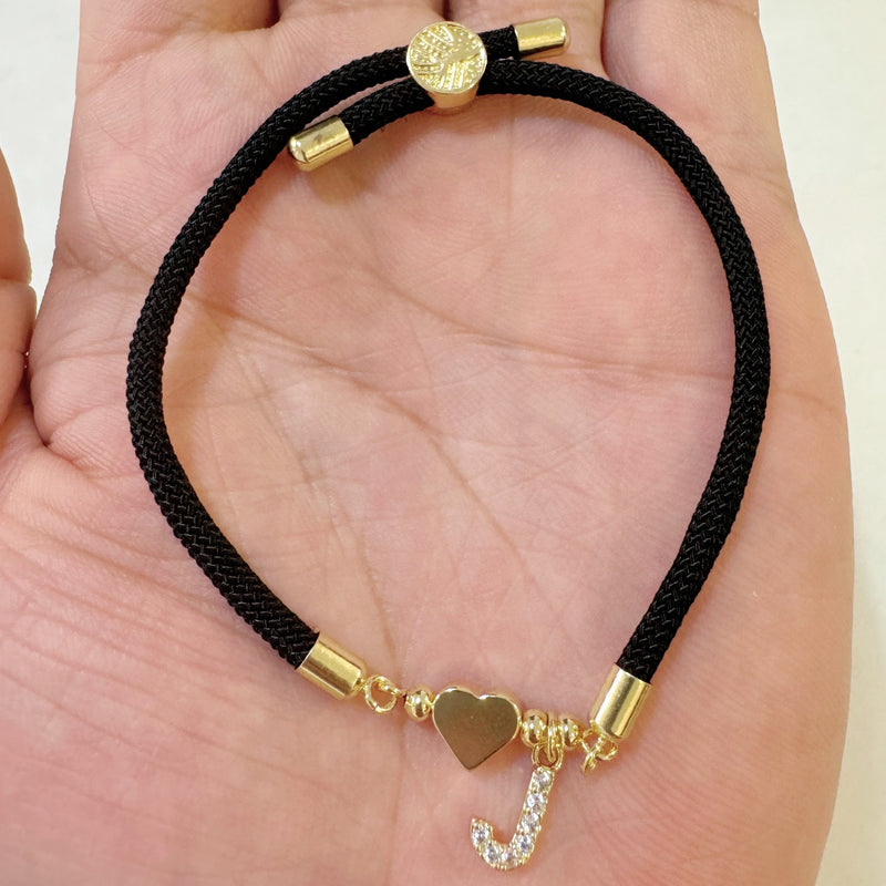 18K Golden Plated Heart Charm Bracelet with Synthetic Zirconia Letter Pendants A-Z, Simple Classic Black Polyester Cord, Adjustable for Daily Wear and Gift-Giving