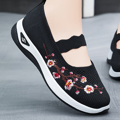 Women's Flower Pattern Flat Shoes, Breathable Knit Slip On Outdoor Shoes, Lightweight Low Top Shoes