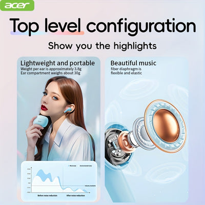 ACER OHR504 Wireless Headphone, Super Long Standby, Wireless Earphone Hi-Fi Stereo Sound, Smart Call Noise Cancellation, Gaming Mode Low Latency,  Comfortable Fit for Travel, Sports, Work, Study, Game, Multi-Device, Ideal Chr