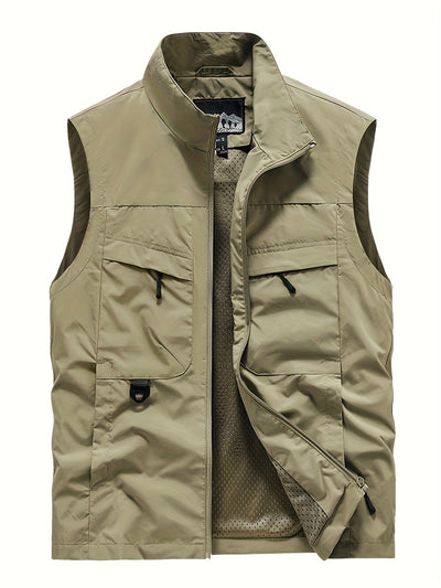 Men'S Navy Blue Sleeveless Vest with Stand Collar, Zippered Front & Side Pockets - Casual, Loose-Fit Outdoor Sports Vest for All Seasons, Polyester Fiber Lining, Perfect for Fall/Winter