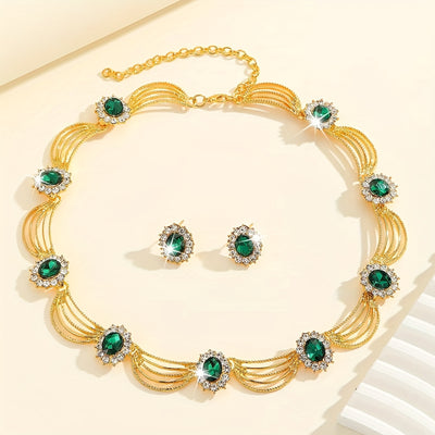 Pair of earrings + a green rhinestone necklace, blingbling sparkling luxury jewelry set, perfect for dance parties and gifting