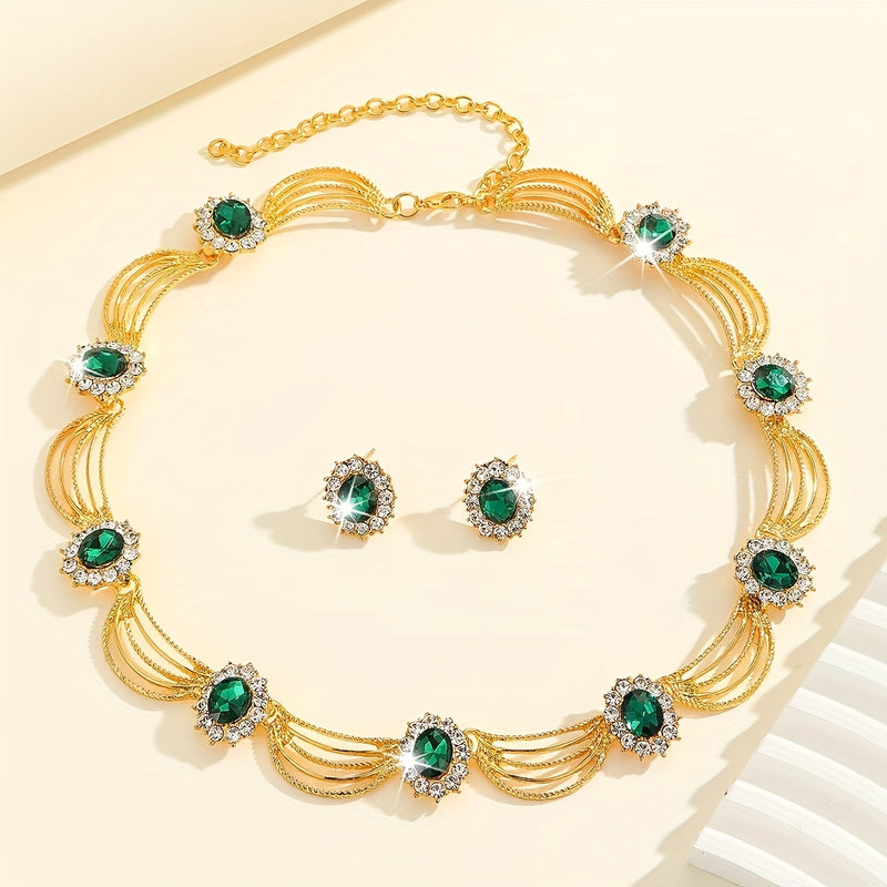 Pair of earrings + a green rhinestone necklace, blingbling sparkling luxury jewelry set, perfect for dance parties and gifting