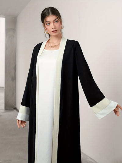 Cozy Comfort, Elegant Black and Cream Long Robe with Ruffle Sleeves - Polyester, Machine Washable, Casual Style for Women - Perfect for Spring/Summer/Fall