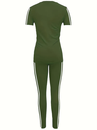 Women'S Casual Fashion Outdoor Sports Set, Double-Sided Striped Round Neck Short Sleeve Long Pants Two-Piece, Women'S Athletic Jogging