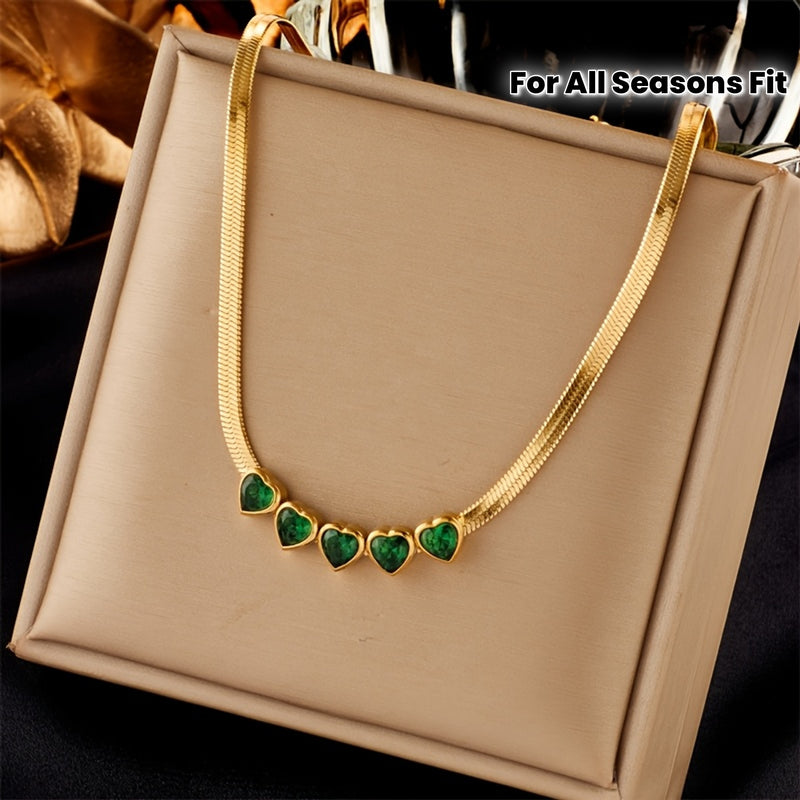 Elegant & Luxurious Golden-Tone Stainless Steel Necklace for Women - Multi-Green Heart Pendant Bohemian Style Jewelry, Durable Tarnish-Resistant Design for Weddings, Vacations, Daily Wear, Parties - Perfect Gift for Her, Char