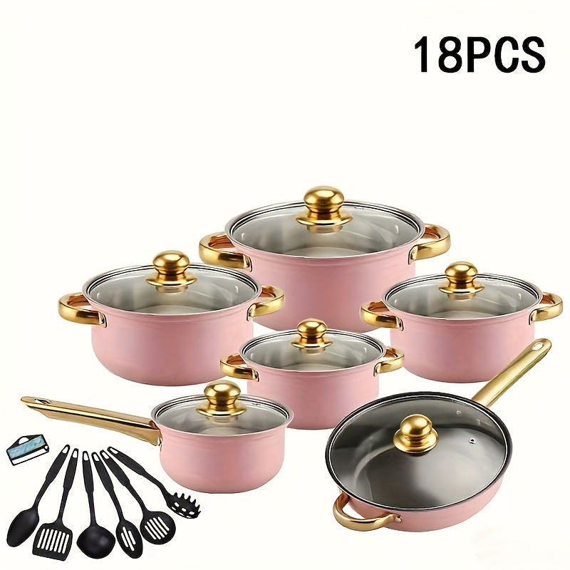 18pcs Pink Stainless Steel Cookware Set with Non-Stick Pans & Lids - Induction Compatible, Stackable Space-Saving Design, Golden-Toned Black Lids & Black Utensil-Friendly Sides, Heat-Resistant Durable 410 Stainless Steel Cons