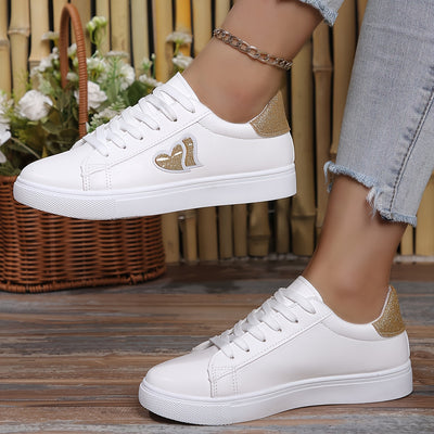 Women's Heart Pattern Sneakers, Casual Lace Up Outdoor Shoes, Comfortable Low Top Shoes