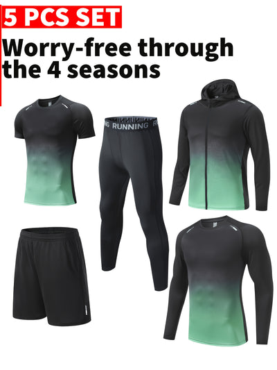 5pcs Men's Sports Set: Quick-Dry Breathable Running Jacket + Compression Long Sleeve Top, Short-Sleeved Shirt & Tight-Fitting Pants with Matching Joggers for All-Season Fitness Training and Ball Games, Jogging Suits for Men,