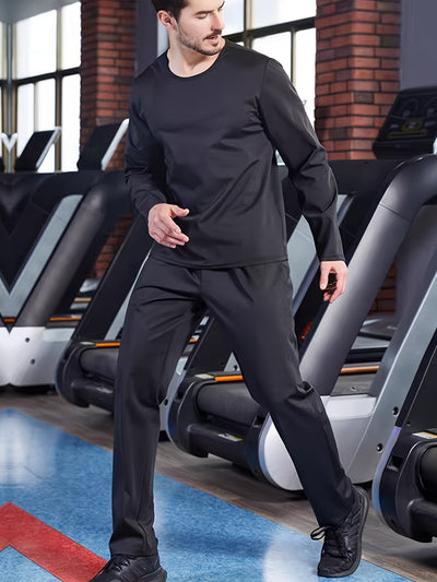 2pcs Men's sauna sports suit, including 1pc of plain sauna sports pants, elastic waist, casual sports trousers, medium elastic straight trousers and 1pc of round neck long-sleeved T-shirt, Men's sports top, sweat suit, compre