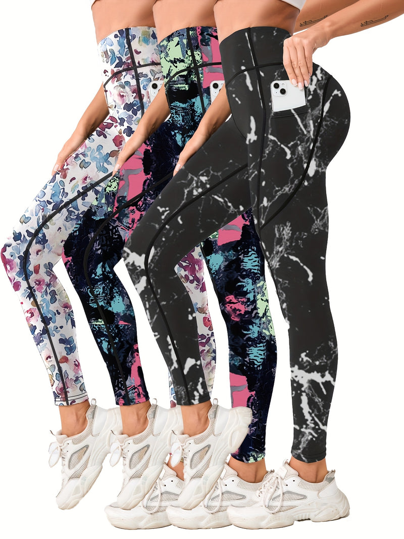 3pcs High-Waist Tummy Control Yoga Leggings with Pocket - Butt Lifting, Stretchy Sports Pants in Vibrant & Subdued Print for Women