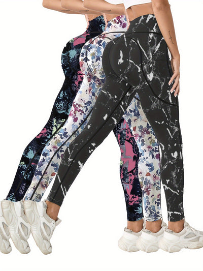 3pcs High-Waist Tummy Control Yoga Leggings with Pocket - Butt Lifting, Stretchy Sports Pants in Vibrant & Subdued Print for Women