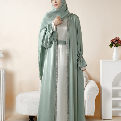 4pcs Set: Poet Sleeve Satin Abaya (MOA009) Eid al-Adha Abaya Muslim Women's Ramadan, Eid al-Fitr, Eid al-Adha, Mawlid, Prayer dress gown robe outfit long robe outfit comfortable soft breathable elegant Middle East Arabic styl