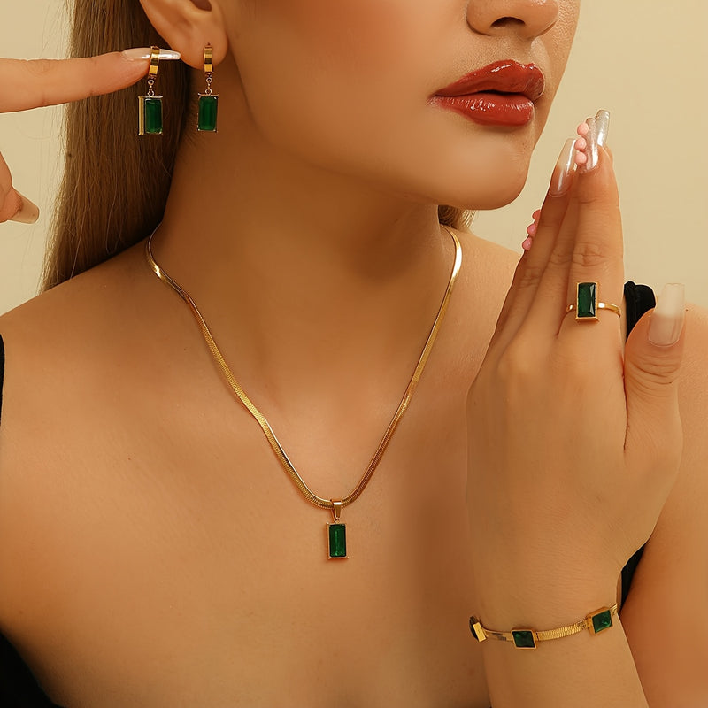 5pcs Elegant Golden-Tone Stainless Steel Jewelry Set with Green Zirconia - Includes Necklace, Earrings, Ring, and Bracelet - Perfect for Women&