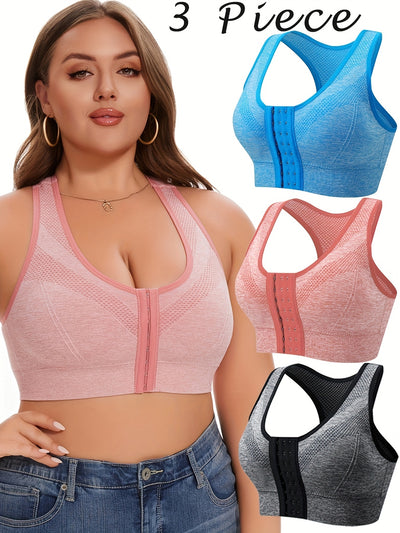 Front Hook Sports Bra Wireless Breathable High Elasticity Plus Size 3pcs