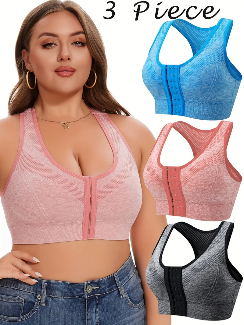 Front Hook Sports Bra Wireless Breathable High Elasticity Plus Size 3pcs