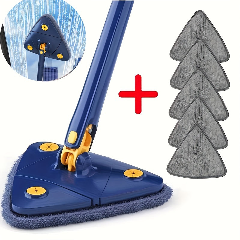 6pcs Triangle Wet and Dry Mop Set with 5 Microfiber Pads, 360° Rotating Stainless Steel Handle, Multi-Functional for Bathroom, Kitchen, Living Room - Ideal for Bathtub, Tile, Wall, and Glass Cleaning