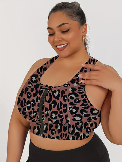 Women's High-Impact Sports Bra with Front Zipper & Removable Pads - Leopard Print Design, High-Elasticity Fabric, Round Neck for Yoga, Running, Gym - Machine Washable, Yoga Accessories, Elegant Sportswear, Durable Sportswear