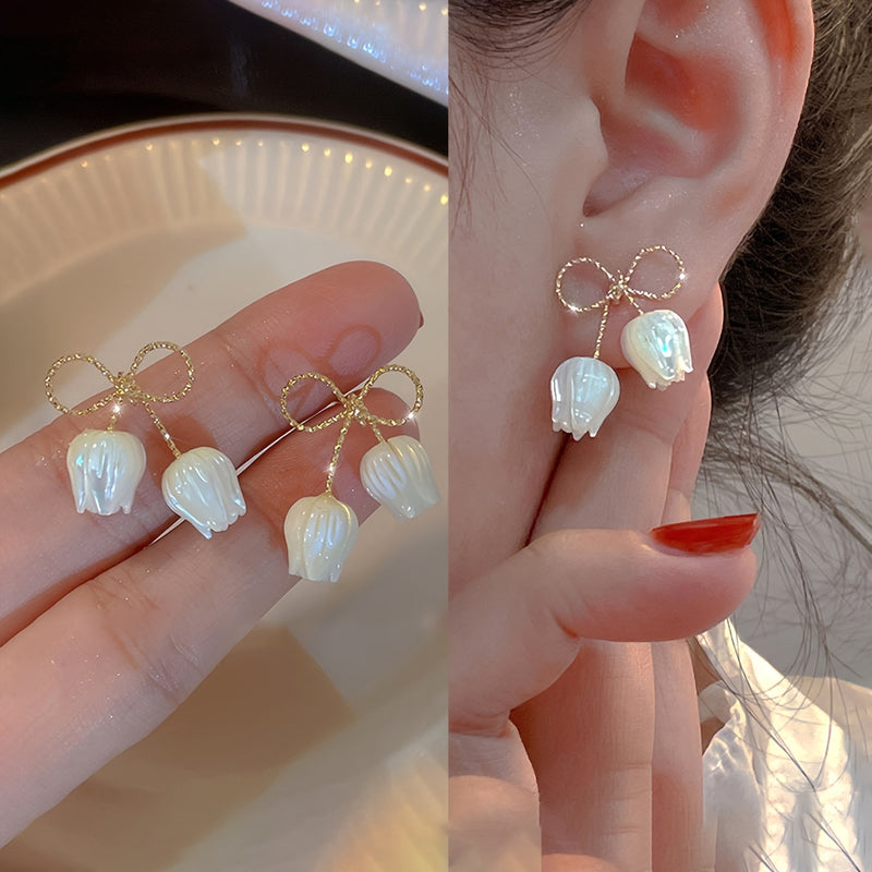 [NEW]A Pair of 2pcs, Bow Tulip Flower Earrings, High-Quality Jewelry, Upgraded Temperament Earrings, High-End Decorative Earrings, Suitable for Daily Wear, Wedding Season Accessories, Suitable for Gifts for Girlfriends, Class