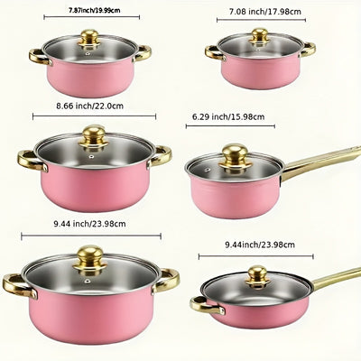 18pcs Pink Stainless Steel Cookware Set with Non-Stick Pans & Lids - Induction Compatible, Stackable Space-Saving Design, Golden-Toned Black Lids & Black Utensil-Friendly Sides, Heat-Resistant Durable 410 Stainless Steel Cons