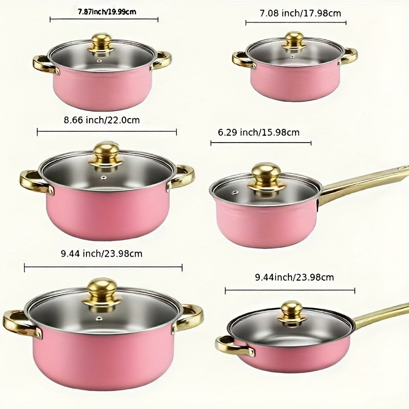 18pcs Pink Stainless Steel Cookware Set with Non-Stick Pans & Lids - Induction Compatible, Stackable Space-Saving Design, Golden-Toned Black Lids & Black Utensil-Friendly Sides, Heat-Resistant Durable 410 Stainless Steel Cons