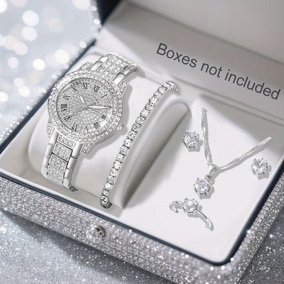 Women'S Watch Sets 6pcs Elegant Quartz Watch And Jewelry Set, Fashion Women'S Round Watch, Rhinestone Necklace, Earrings, Ring, Bracelet Set Suitable for Daily Wear And Best Holiday Gifts (No Box)