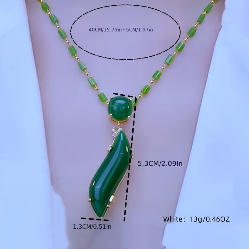 Elegant Green Charm Bamboo Pendant Necklace for Women - Golden-Tone Alloy Chain with Resin Detailing, Fashionable Collarbone Jewelry, Fashion Accessory | Elegant Jewelry | Decorative Beads