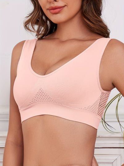1pc, Esselegance, Sports Bra, Vest, No Rims, with Chest Pads, Mesh, Breathable, High Elasticity, Yoga, Running
