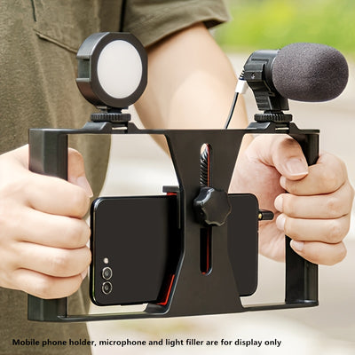 1pc Handheld Phone Stabilizer with Rotating Gimbal, Smartphone Micro Stand and Fill Light for Live Streaming/Photography Recording. Features Three Cold Shoe Mounts & Multiple 1/'10.16cm Extensions - Compatible w Apple Huawei