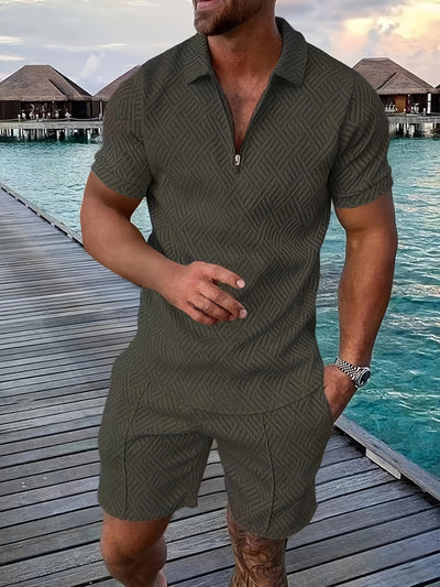 تي شيرت رجالي بأكمام قصيرة + شورت بدلة رياضية كاجوال باللون الأزرق