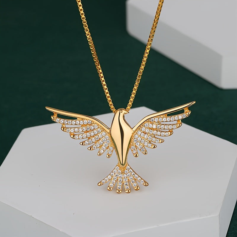 1pc Elegant 18K Golden Plated Eagle Pendant Necklace, Copper Base with 5A Zirconia Inlay, Tribal Hip Hop Style, Daily Wear Clavicle Chain for Women
