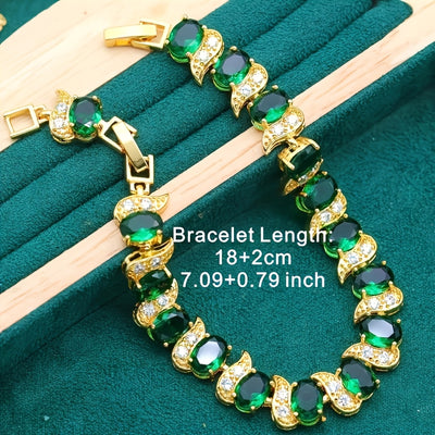 5pcs Elegant Geometric Cubic Synthetic Synthetic Synthetic Zircon Jewelry Set - Plated, Green & Clear Faux Faux Gemstones, Perfect for Valentine'S Day, Weddings, and Gifts, Includes Necklace, Bracelet, Ring, and Earring