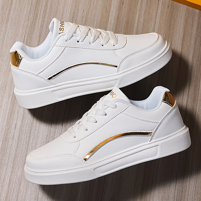 Women's All-Match White Skate Shoes, Casual Round Toe Lace Up Sneakers, Comfortable Low Top Flat Sports Shoes