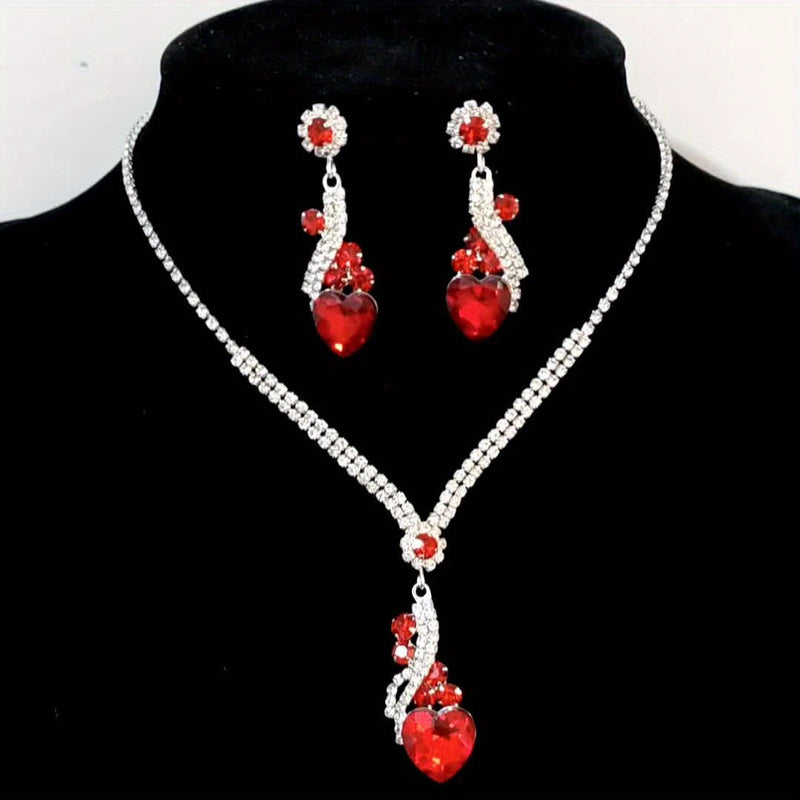 One Necklace + One Pair of Earrings Two-Piece Set Love Heart Necklace and Earrings Wedding Jewelry Suitable for Dress Banquet Wear