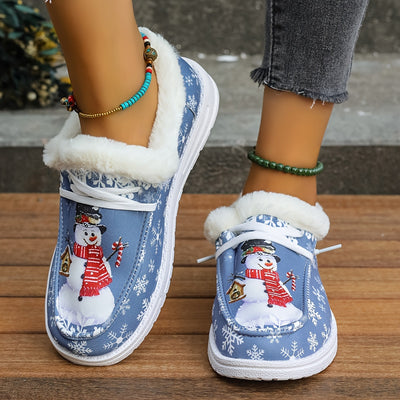Vibrant Snowman Pattern Canvas Shoes - Lightweight, Low-Top, Plush Lined, Casual Lace-Up Sneakers for Women - Perfect for Outdoor Activities, Christmas Gift Idea, Comfortable and Breathable