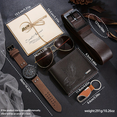 7pcs Business Casual Stylish Men's Watch Set + Fashion Glasses + Wallet + Belt, etc., Perfect Gift for Father's Day Teacher's Day Thanksgiving