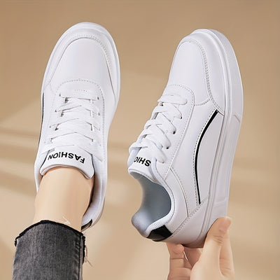 Women's All-Match White Skate Shoes, Casual Round Toe Lace Up Sneakers, Comfortable Low Top Flat Sports Shoes