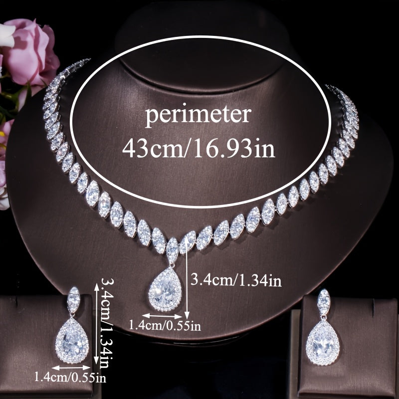 3pcs Elegant Teardrop Blue Jewelry Set Silvery Inlaid Synthetic Synthetic Zirconia Pendant Necklace Dangle Earrings Sets for Lady Girls Banquet Prom Wear