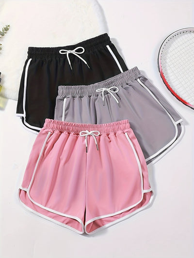 3pcs Women's Drawstring Sports Shorts - Casual Gym & Lounge Wear, Stretchy Polyester Blend, Contrast Trim, Machine Washable